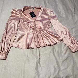 Satin Peplum Button-Front Top - Blush Pink